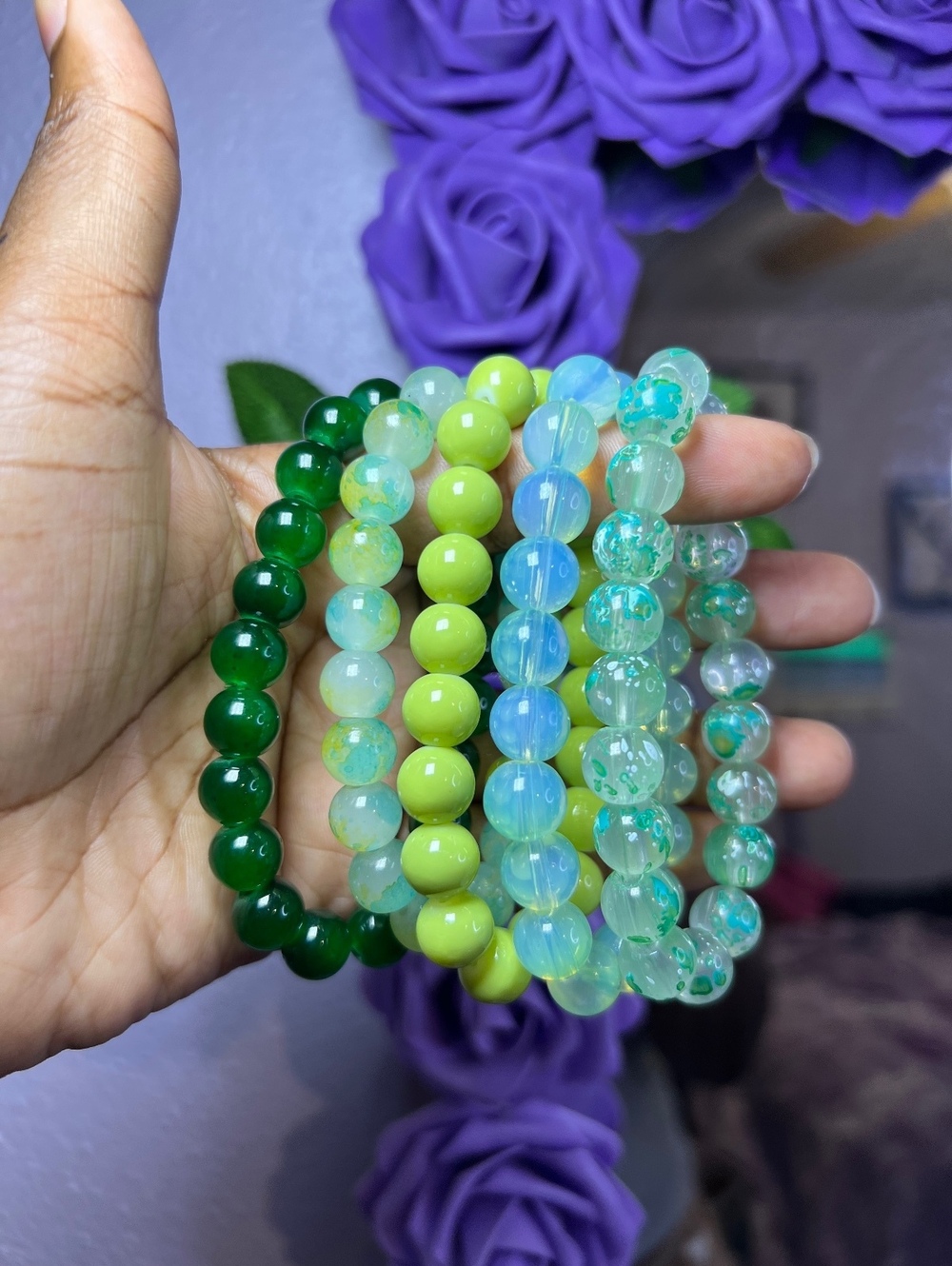 5pc Green Glass Beaded Stretch Bracelet Set